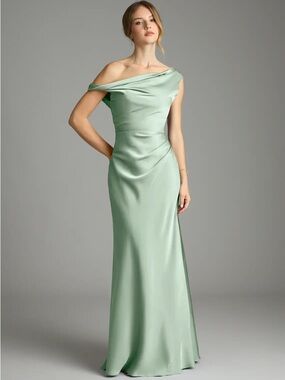 Azazie Agave Green Off-the-Shoulder Satin Maxi Dress
